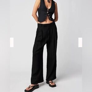 Free People Black Lyla Wide-Leg Linen Trouser Pants